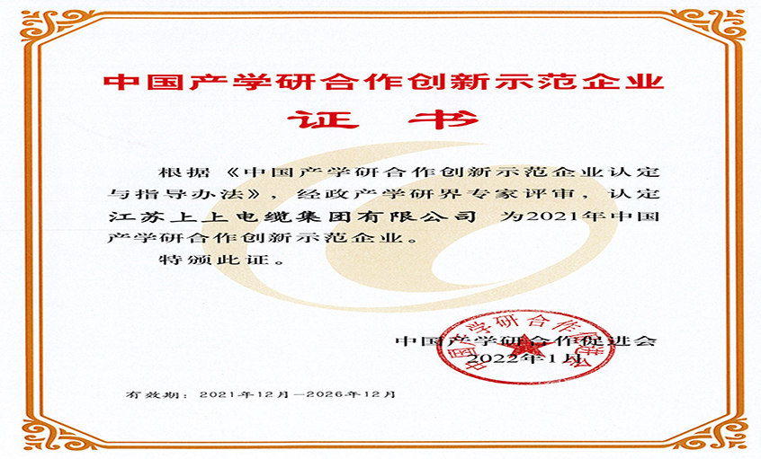 Z6尊龙凯时电缆获评“2021年中国产学研合作创新示范企业”